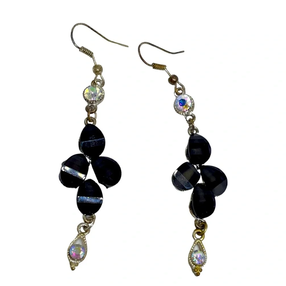 Crystal black stone earrings costume jewelry dangle light weight 3x1 inches appx - Picture 1 of 5